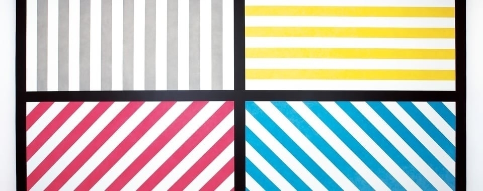A wall painting consisting of stripes of grey, yellow, blue, and red, bordered by black bands