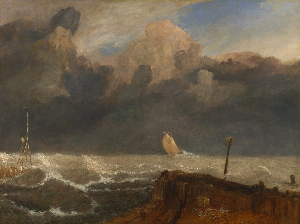 A single sailboat makes its way across a stormy sea with dark clouds in the background