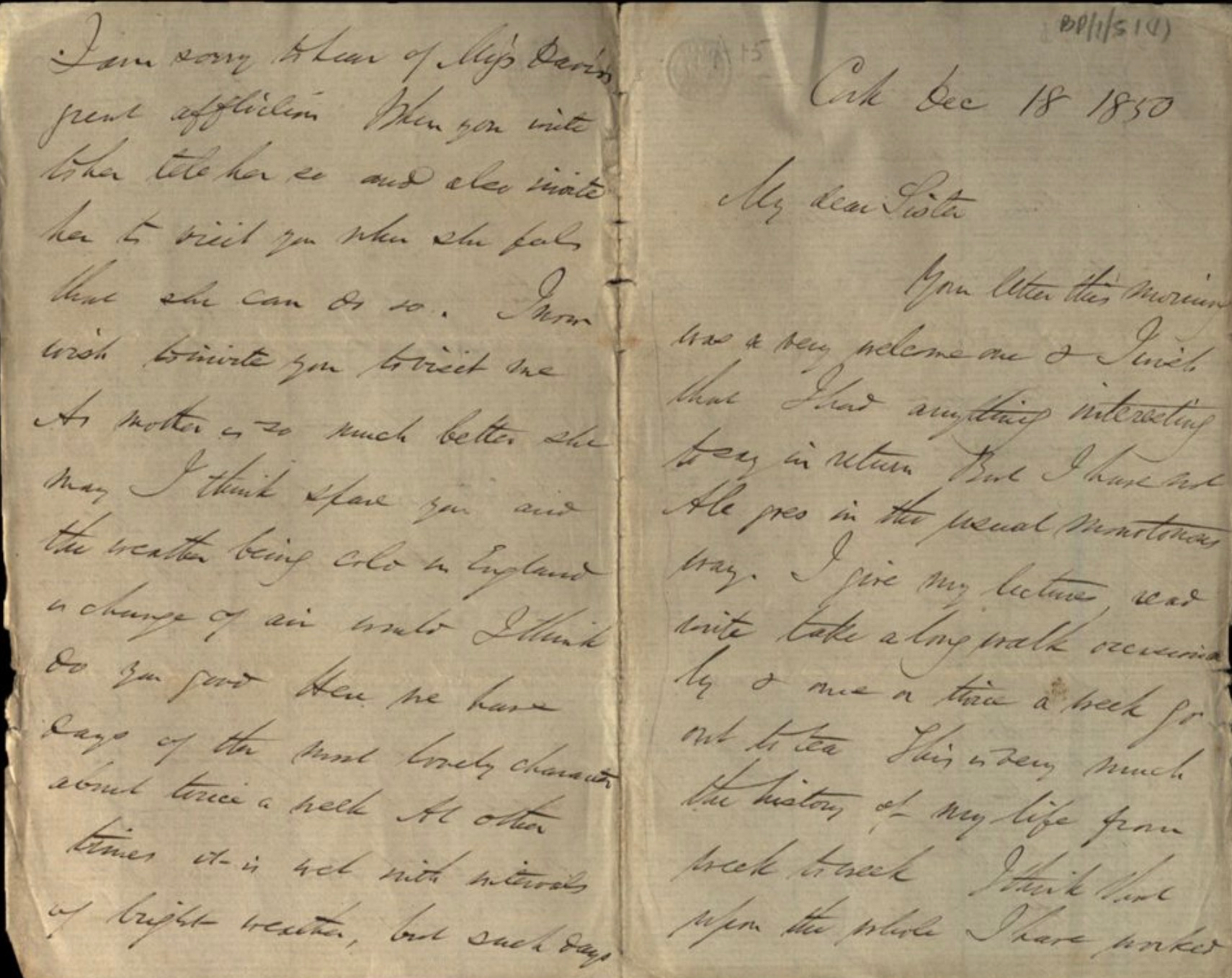 A sepia-colored letter from the nineteenth century with cursive script, in two columns