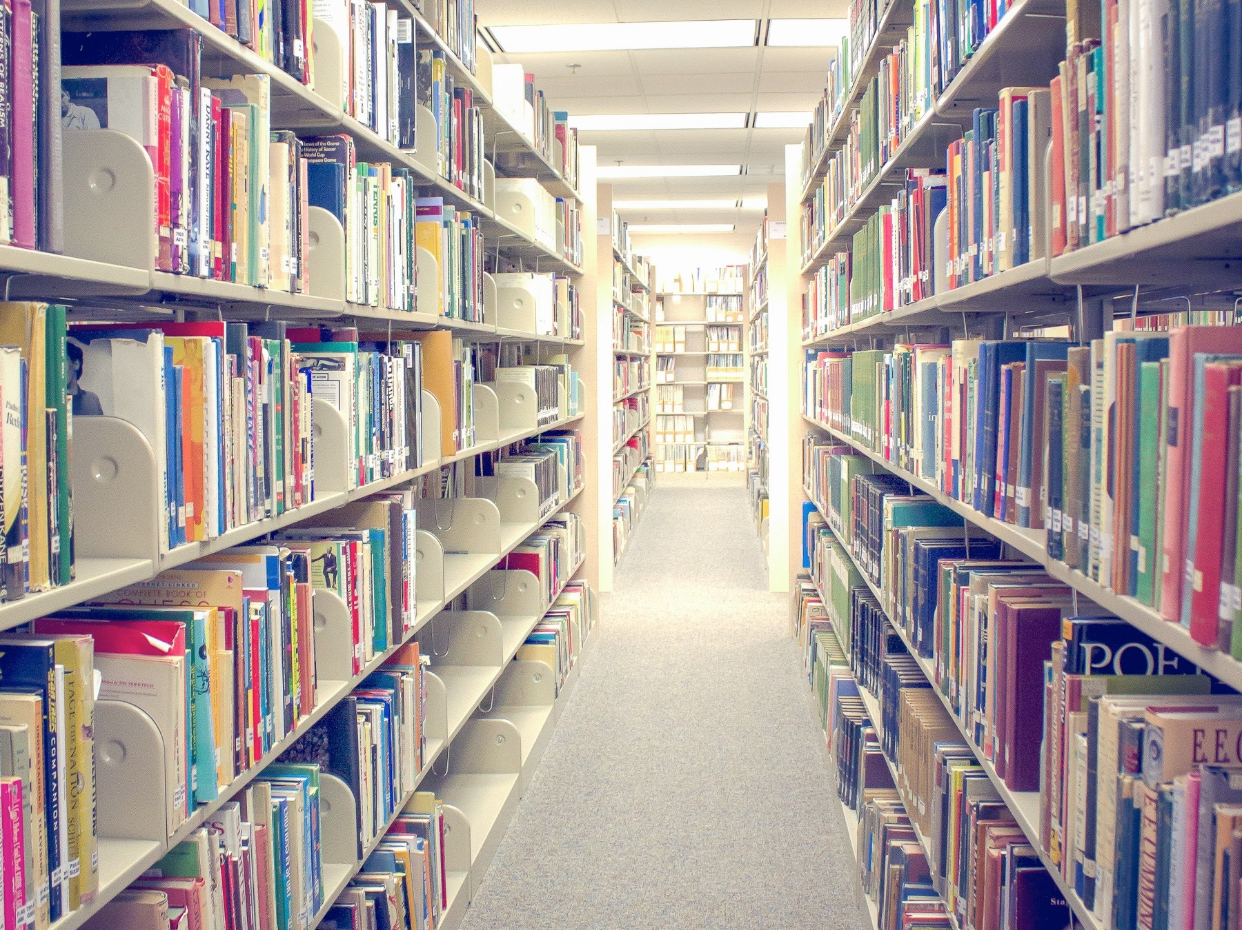 Bookshelves recede into the distance