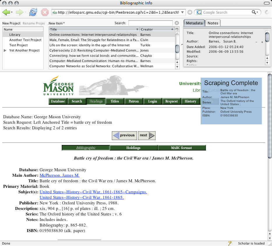 A web browser shows the library catalog of George Mason University, with a panel on top showing the capture of a bibliographic reference.