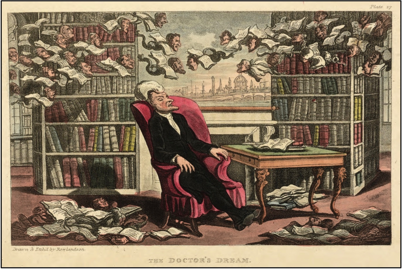 A well-dressed man reclines in a plush pink chair, asleep, as books with faces fly around the library he is in.