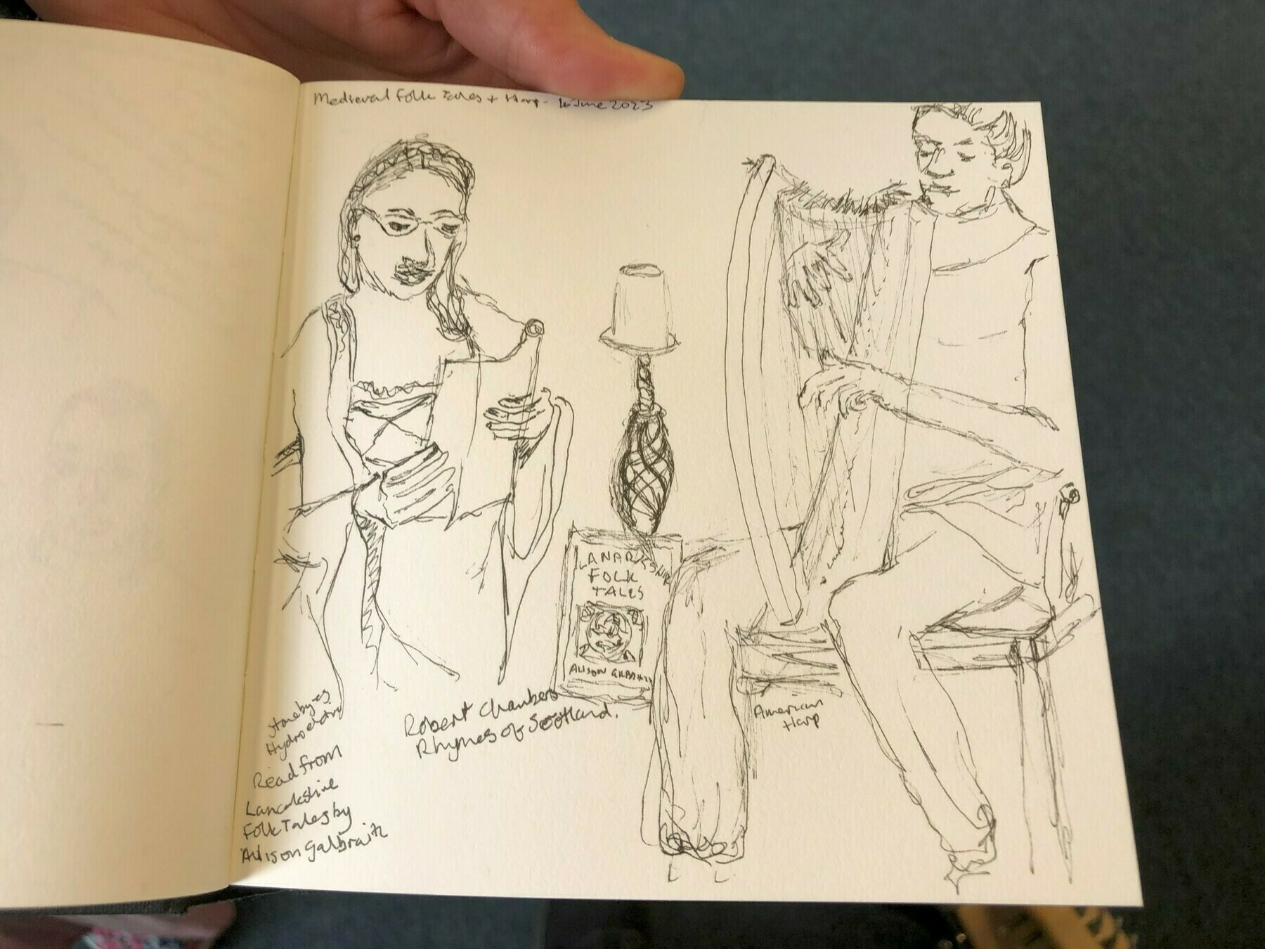 Artist's impression of a harpist and a storyteller in a sketchbook