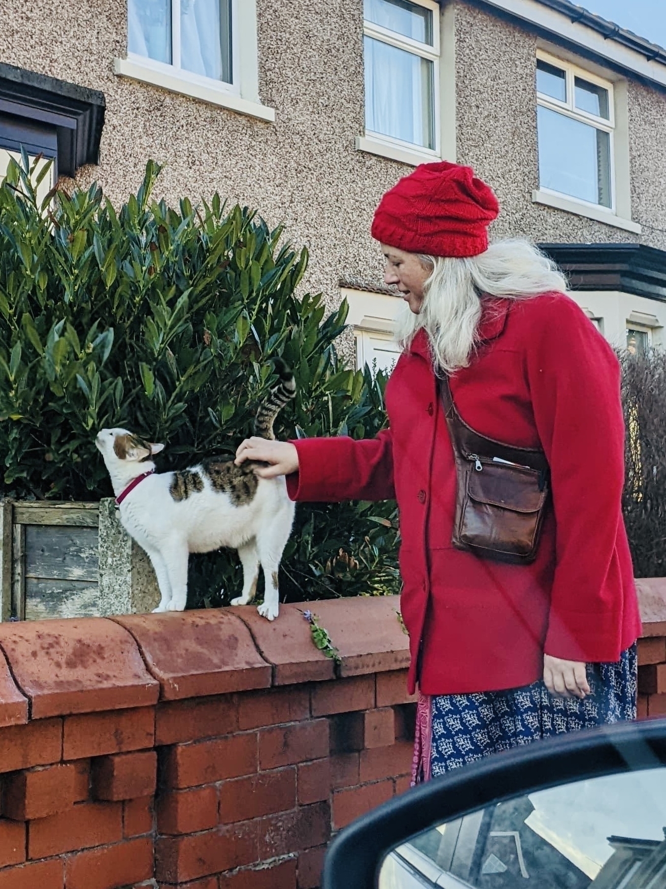 female in a red coat and hat stroking a cat on a wall