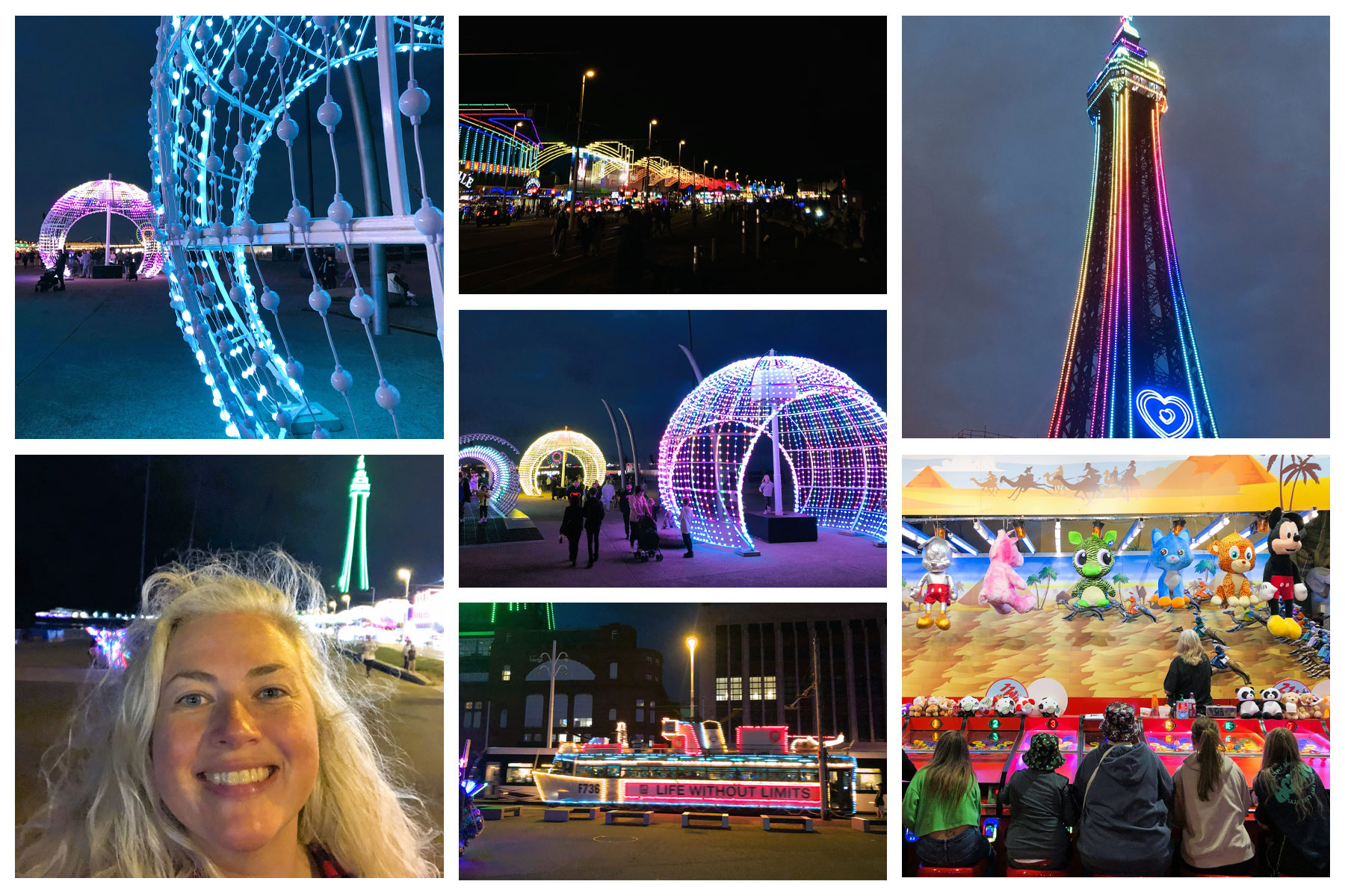 A collage of the blackpool illuminations at night, shining brightly