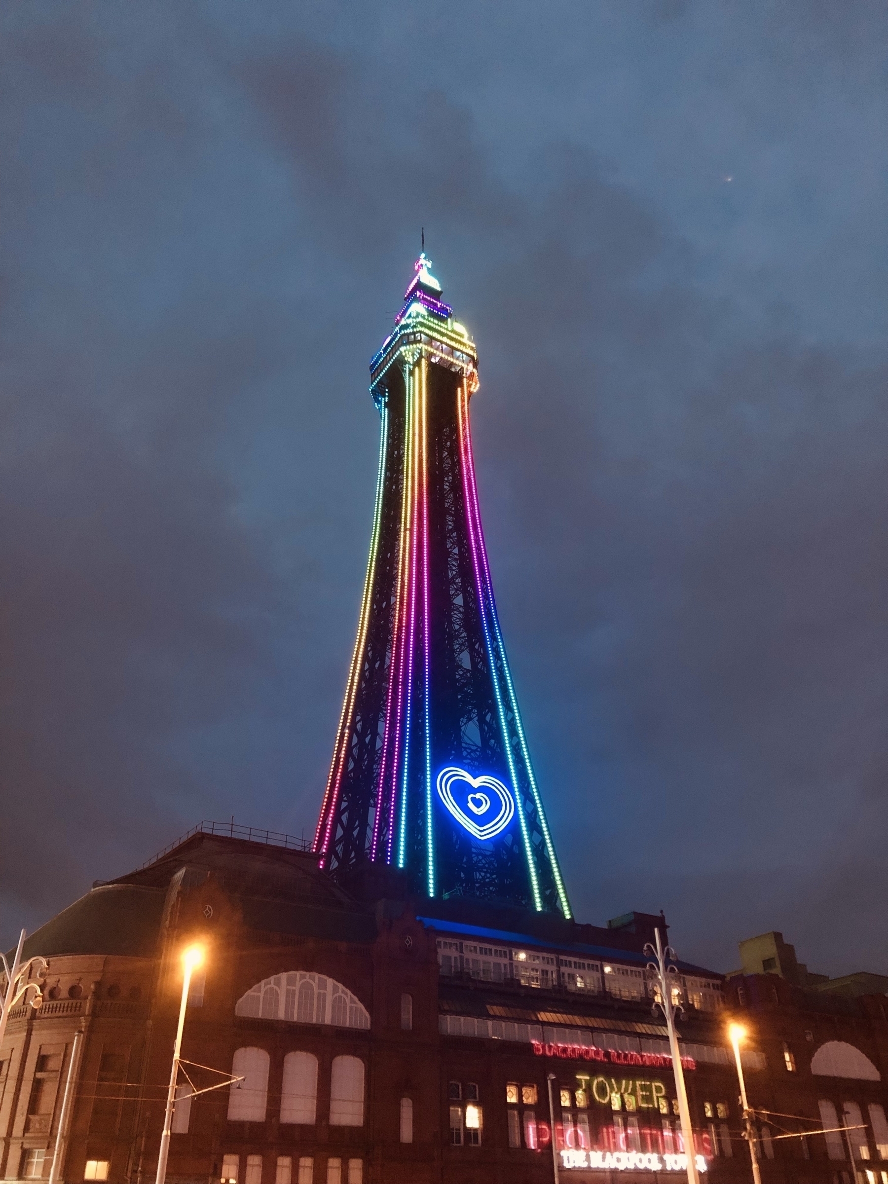 Blackpool tower at night. Rainbow lit