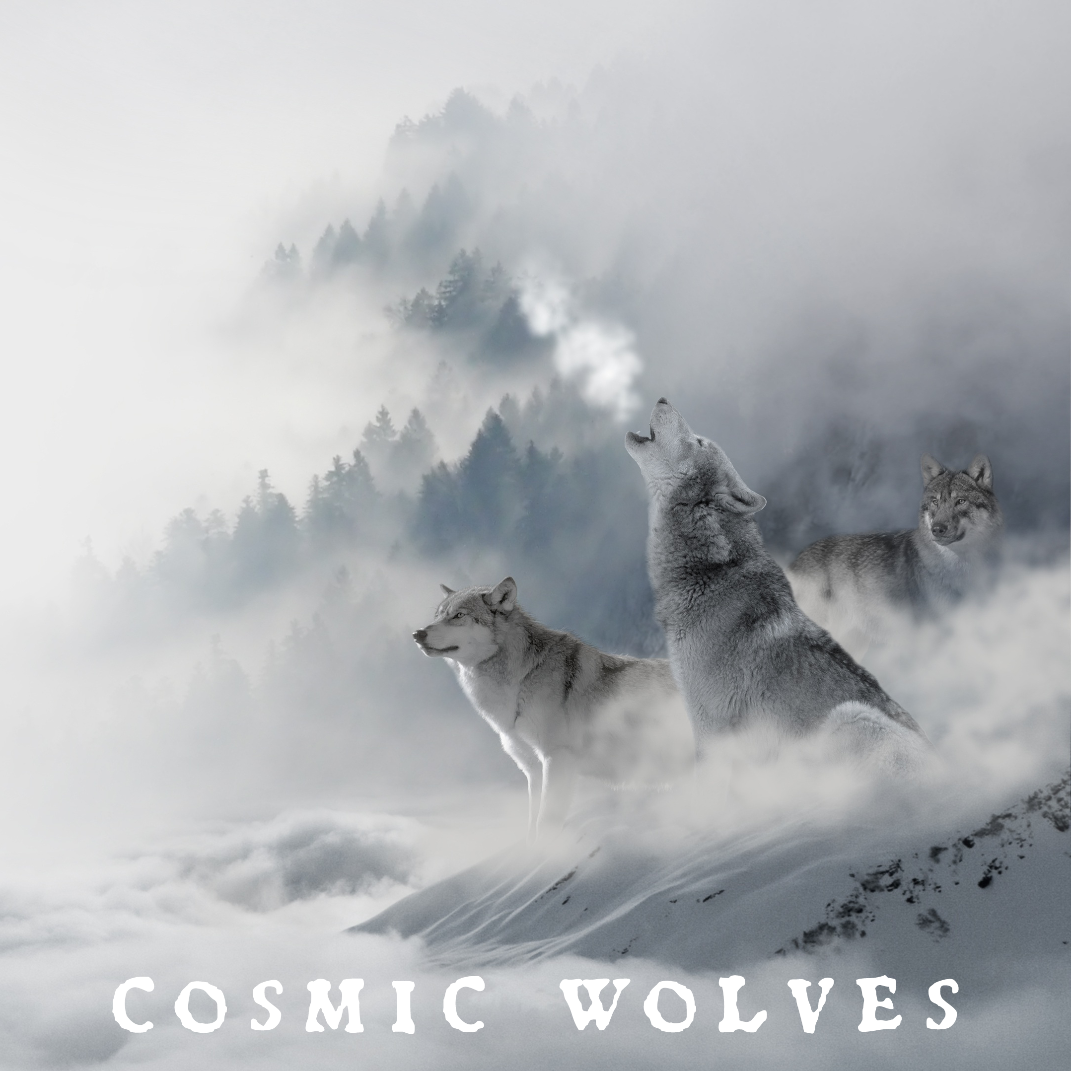 wolves howling against a snowy, mountainous landscape