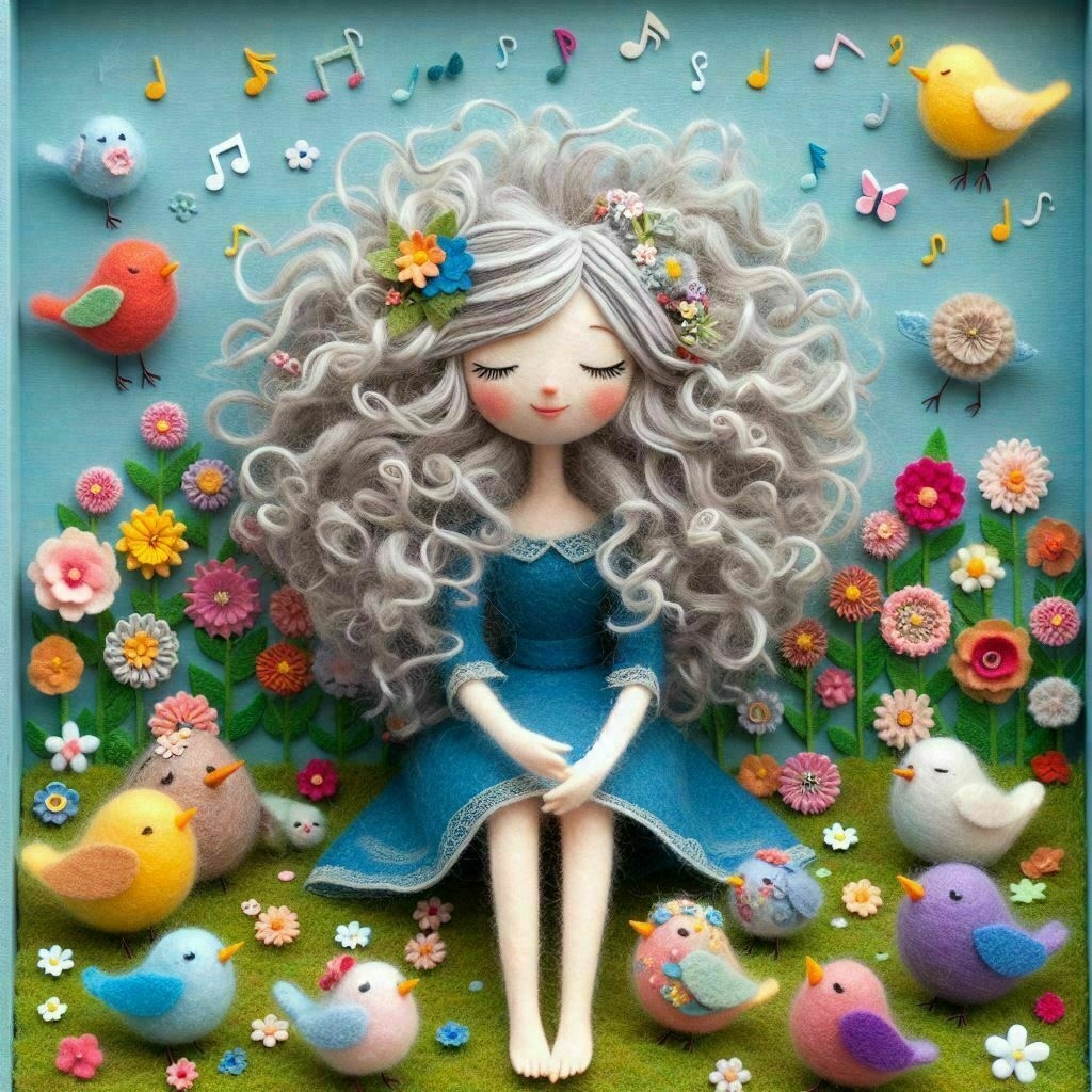 whimsical paper diorama collage, felt, 3d, girl with long, curly, silver hair sitting in a garden with rows of flowers, her eyes are closed, her lips softly smiling, fluffy, colourful garden birds sing in the trees and sit all around her, her legs are crossed, she wears a blue, floaty, modest dress, tiny musical notes dance in the sky