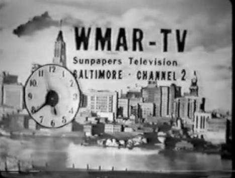 Station identification card for WMAR TV in Baltimore from the 1960s, showing the Baltimore skyline and a clock in black and white. Source: YouTube, account robertatsea2009.