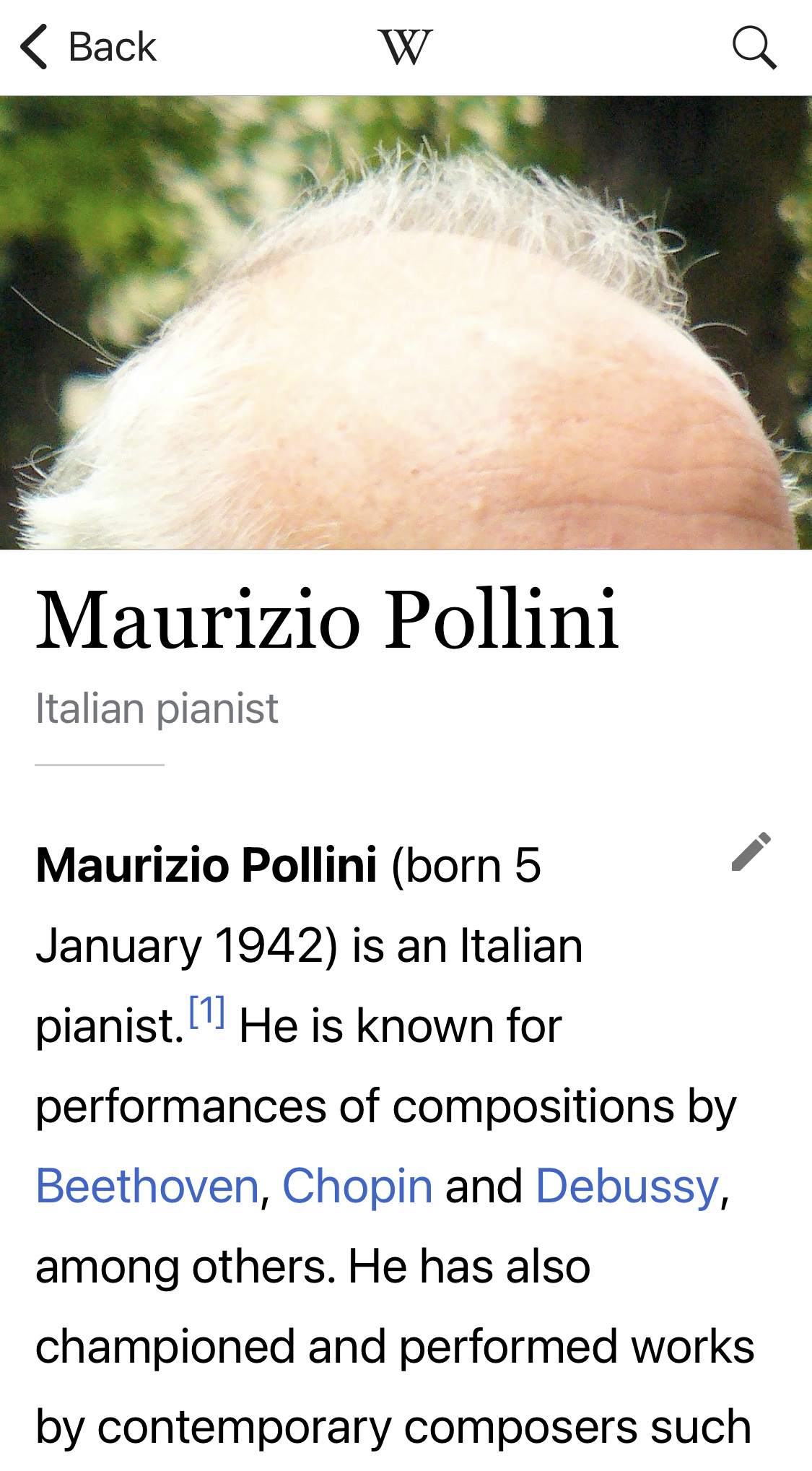 Screenshot of Maurizio Pollini’s entry in Wikipedia. The photo is cropped to show only the top of his bald head.