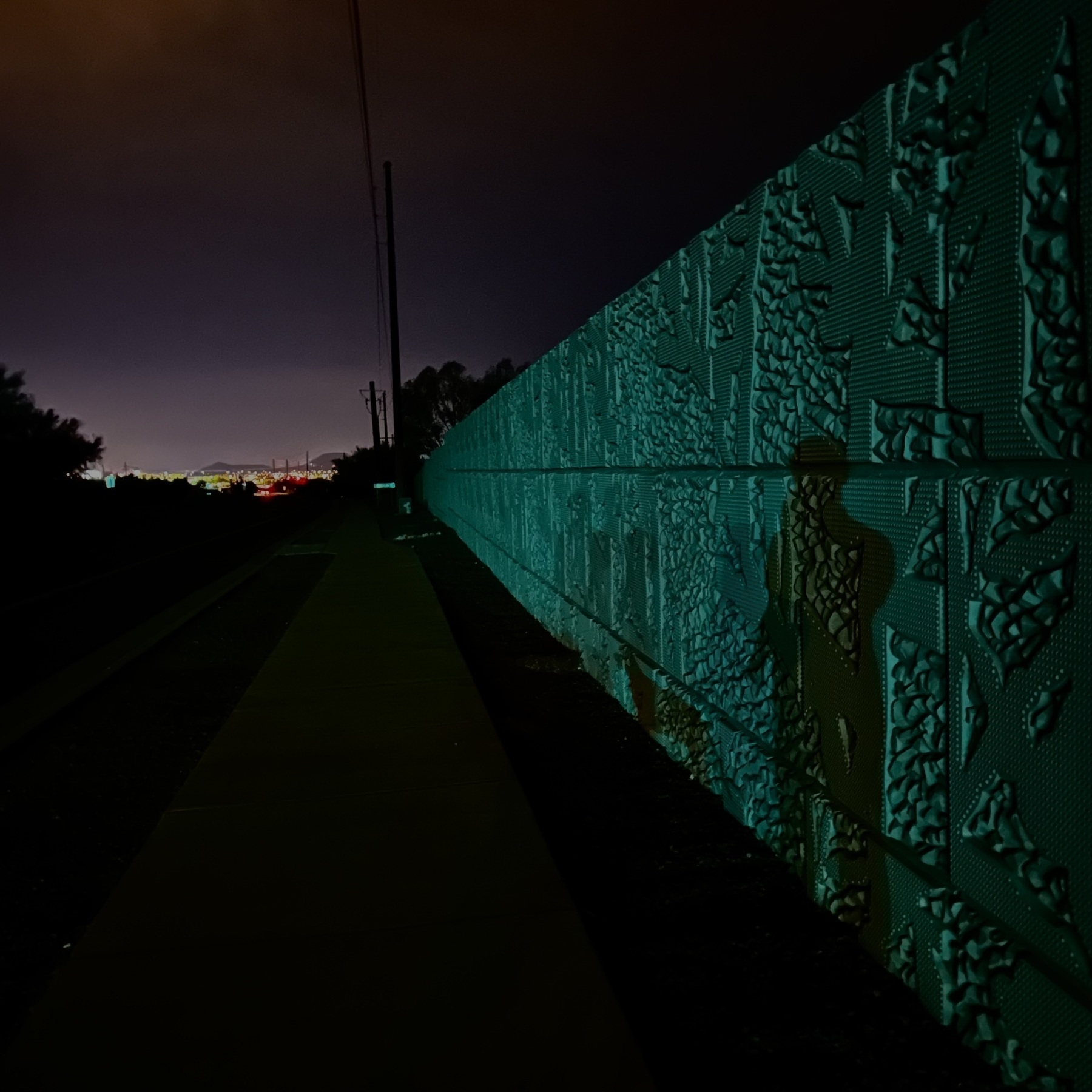 A wall bathed in the green of a traffic light with the shadow of a man walking his dog