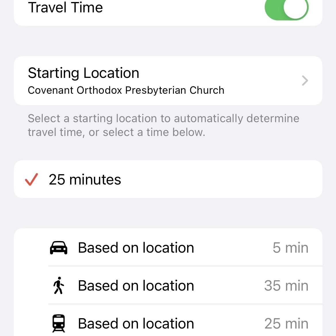 a screenshot of Apple Calendar's travel time selection feature