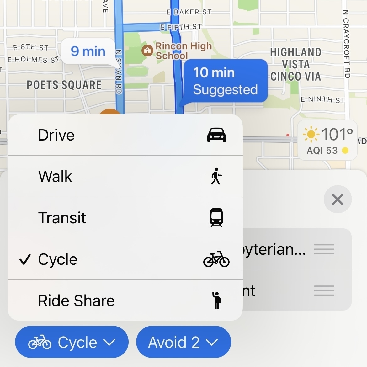 a screenshot of transportation modes in Apple Maps