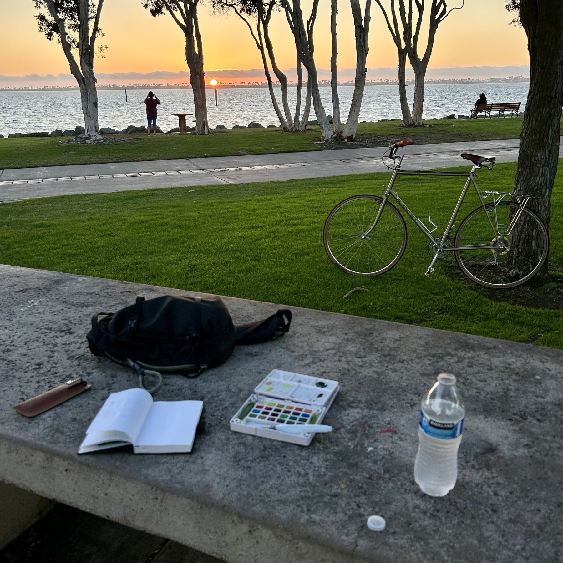 A 1982 Univega Gran Turismo bicycle stands on grass by the ocean at sunset; a backpack, pen, water bottle, and open paint set rest on a picnic table in the foreground.