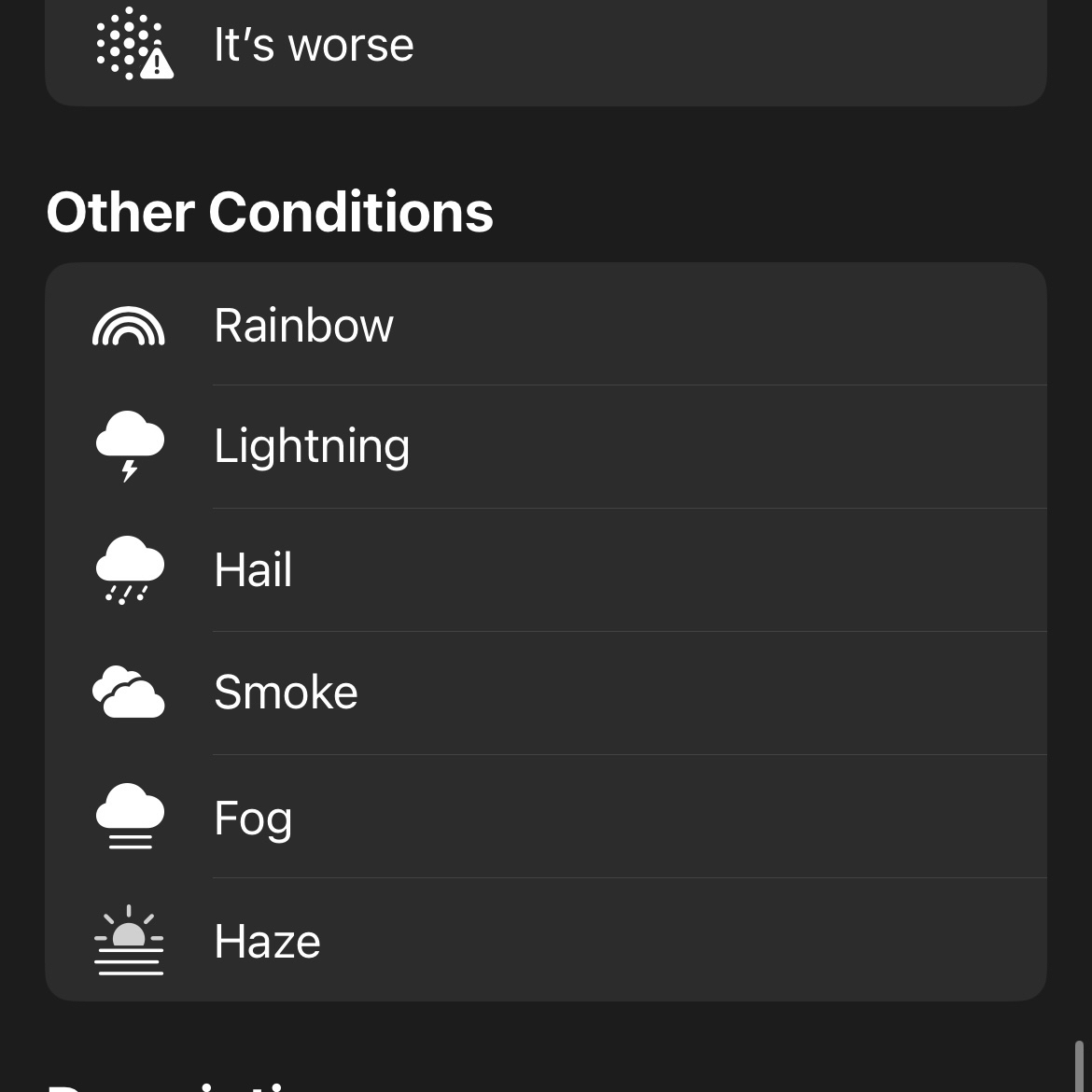 A screenshot of a weather app showing different conditions. The title *Other Conditions* is followed by a list: Rainbow, Lightning, Hail, Smoke, Fog, and Haze, each with corresponding icons.