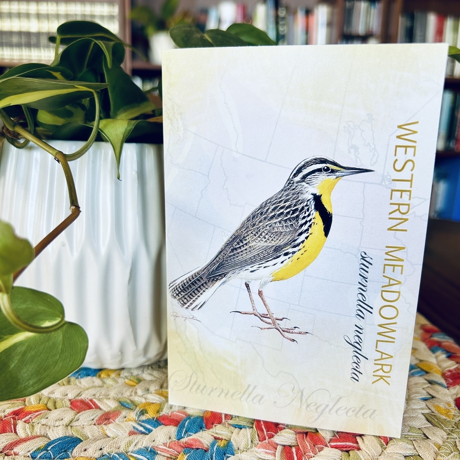 A greeting card stands upright featuring an illustrated Western Meadowlark (Sturnella Neglecta) on the right side with a map of the Western United States in the background.