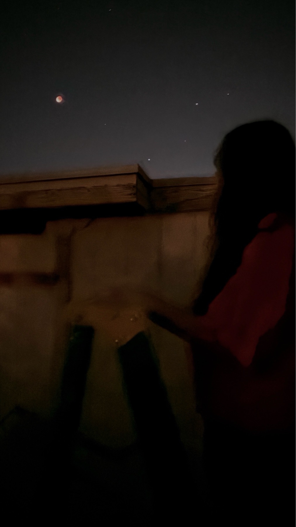 Girl on a ladder watching the night sky and a lunar eclipse.