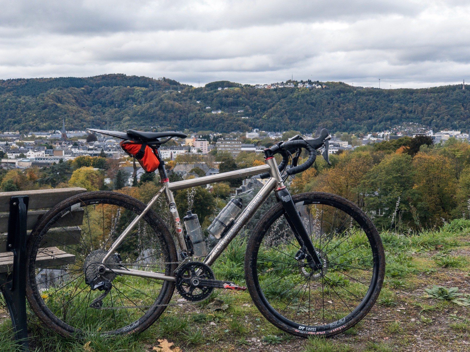 My gravel bike "Battle Cat" in front of Trier's city scape