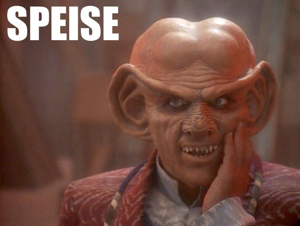 Das Wort SPEISE auf einem Bild mit der Figur QUARK aus Star Trek Deep Space Nine. Also SPEISE-QUARK.