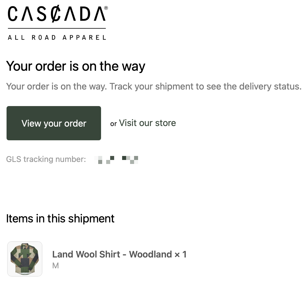 Screenshot of shipping confirmation for a button down, long sleeve shirt made for cycling by the Italian brand Cascada.
