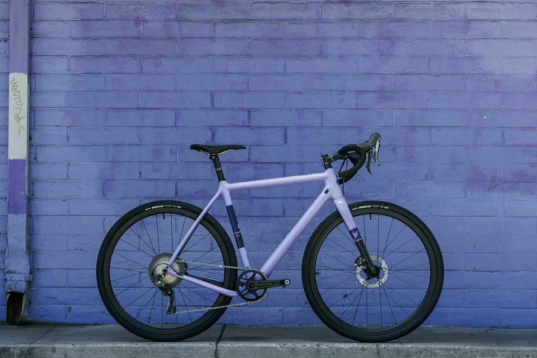 Purple- and lavender-coloured drop bar gravel bike in front of alavender brick wall.