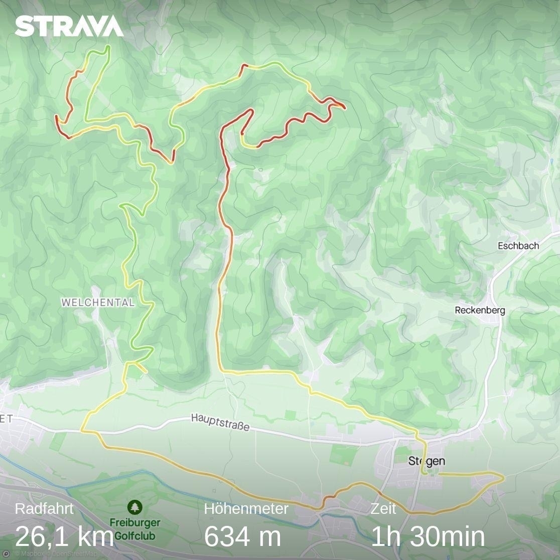 Strava map of mountain bike ride on 19 Feb 2023 in the forest north of the town of Stegen, Germany.