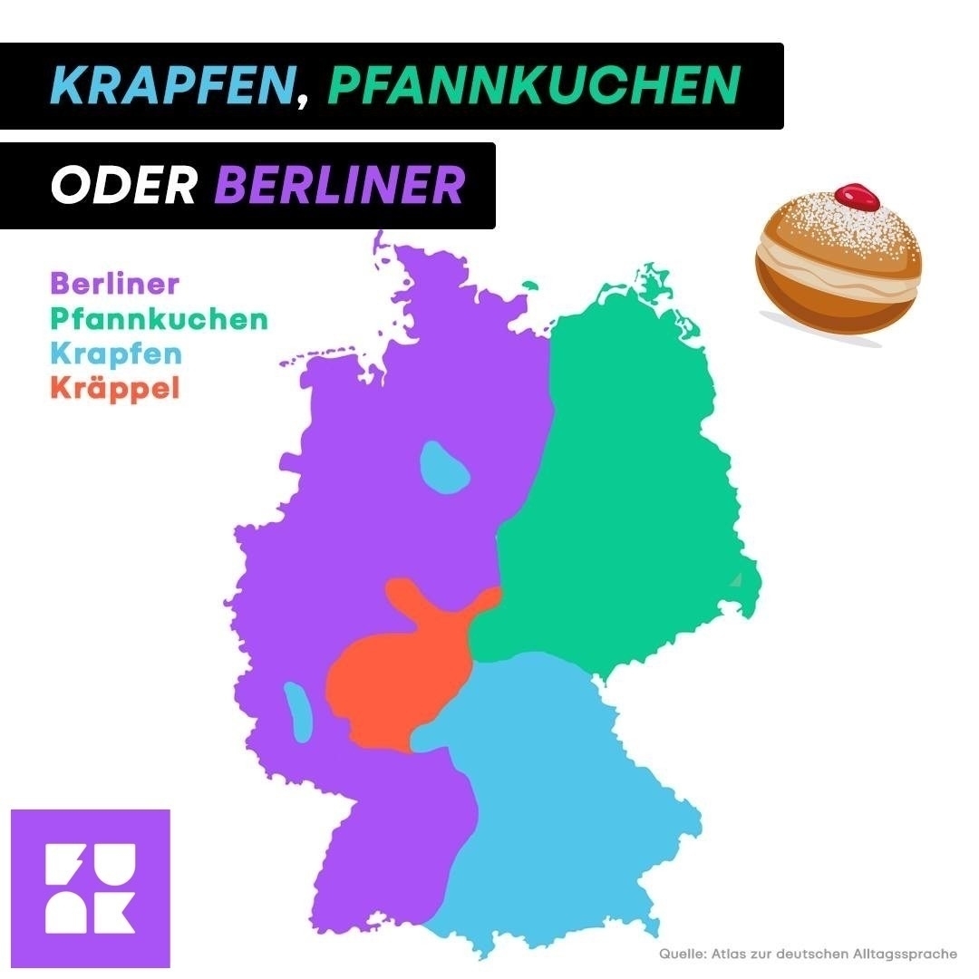 Photo by funk on February 17, 2023. Image of map of Germany and text says 'KRAPFEN, PFANNKUCHEN ODER BERLINER. The regions were this type of doughnut is called by one of those names are colour-coded. In the majority of the west of Germany it’s called BERLINER. In parts of the Rhineland and the entirety of Hessia and the surrounding regions it’s Kräppel. In the south-east (predominantly Bavaria) it’s Krapfen. And in the north-east (Saxony, Brandenburg, etc.) it’s Pfannkuchen.