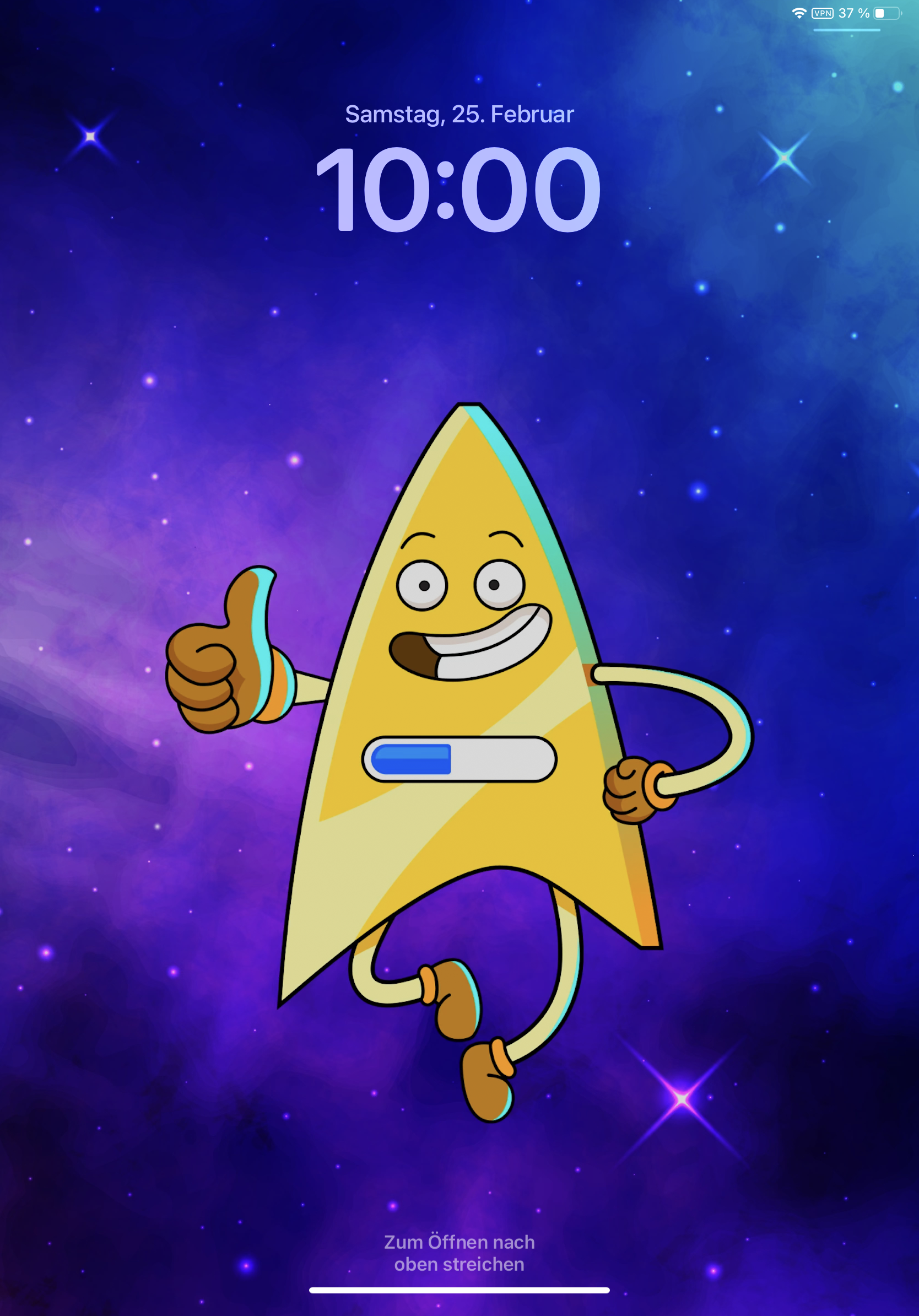 Screenshot of iPad wallpaper showing the holodeck character/construct Badgy, a stylised Starfleet (Star Trek) communicator badge with arms, legs, and a face.