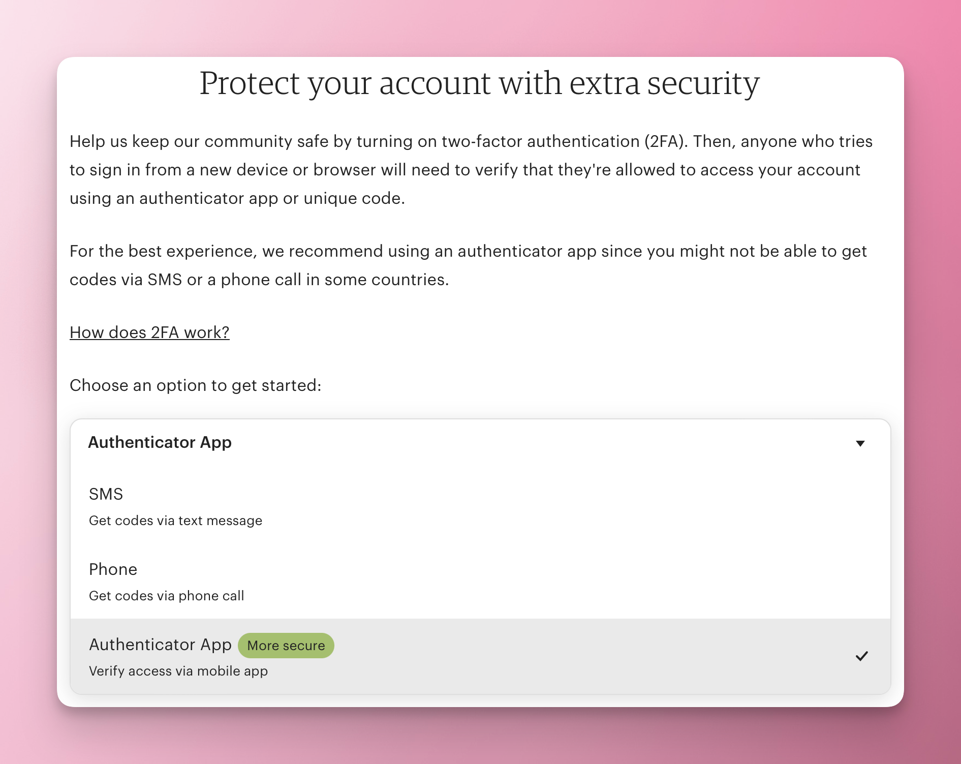 Screenshot of a two-factor authentication setup step on etsy.com letting the user choose between SMS, phone calls, or an authenticator app using six-digit time-based one-time passwords. Etsy clearly recommends using the authenticator app as the most secure option.