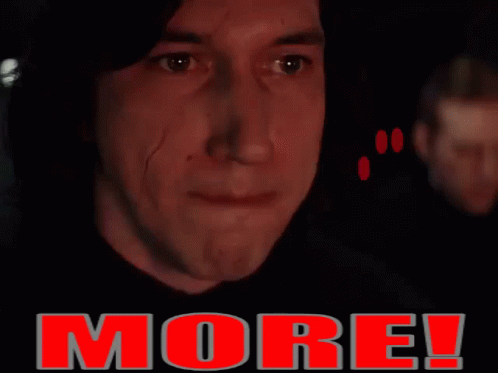 Looping gif of Kylo Ren screaming MORE, from the Star Wars: The Last Jedi scene in which the First Order forces fire upon Luke Skywalker, with Supreme Leader Kylo Ren angrily demanding for more shots to be fired.
