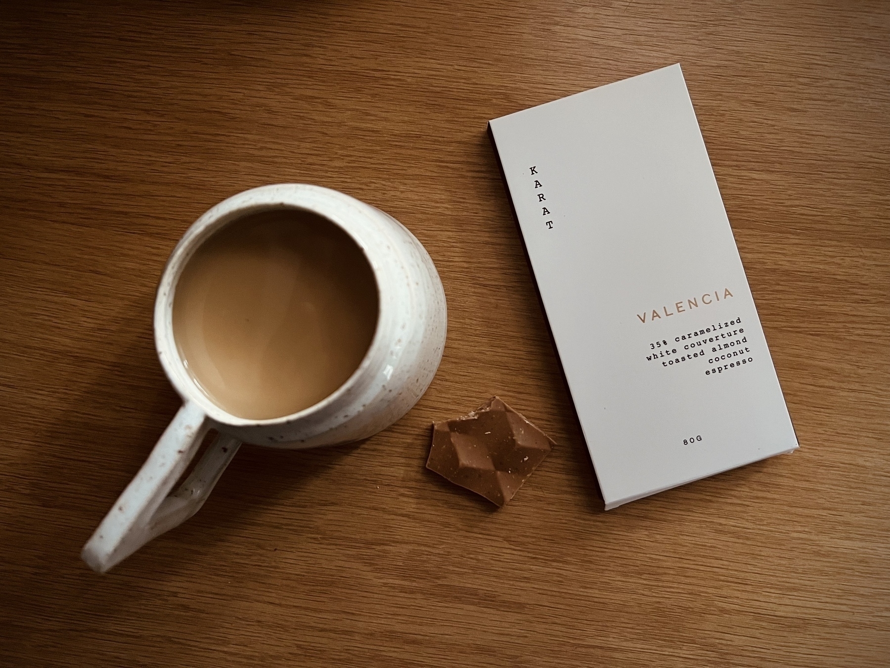 Top down photograph of an off-white ceramic mug with black spots filled with coffee, a bar of chocolate from Canadian maker Karat, and a piece of chocolate with bite marks on a faux-wood tabletop. 