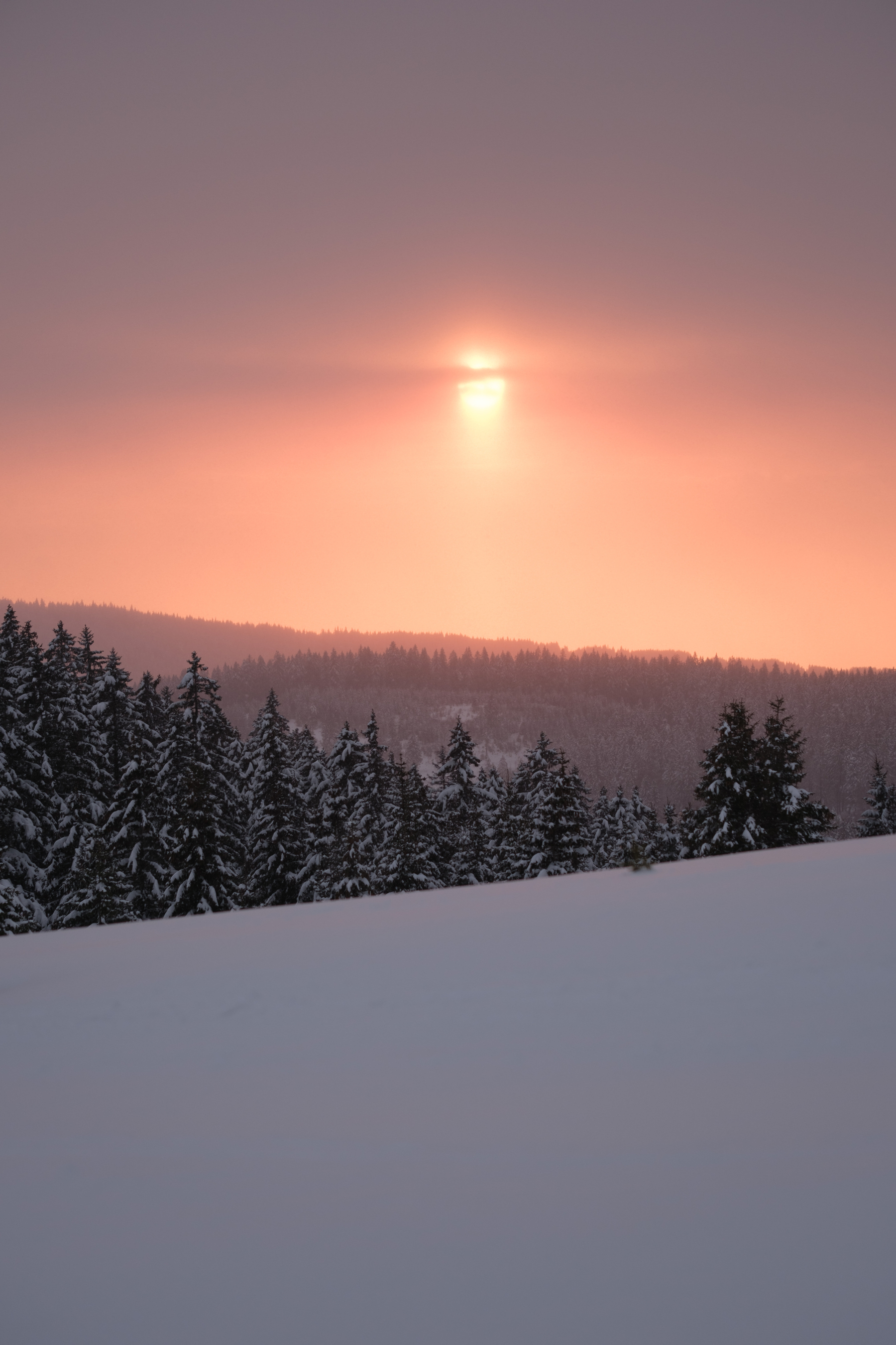 Pink and orange sunset on a mountain. The setting sun is obscured by light clouds and haze. The photographer is surrounded by snow and on various layers in the distance trees are visible on mountain sides. 