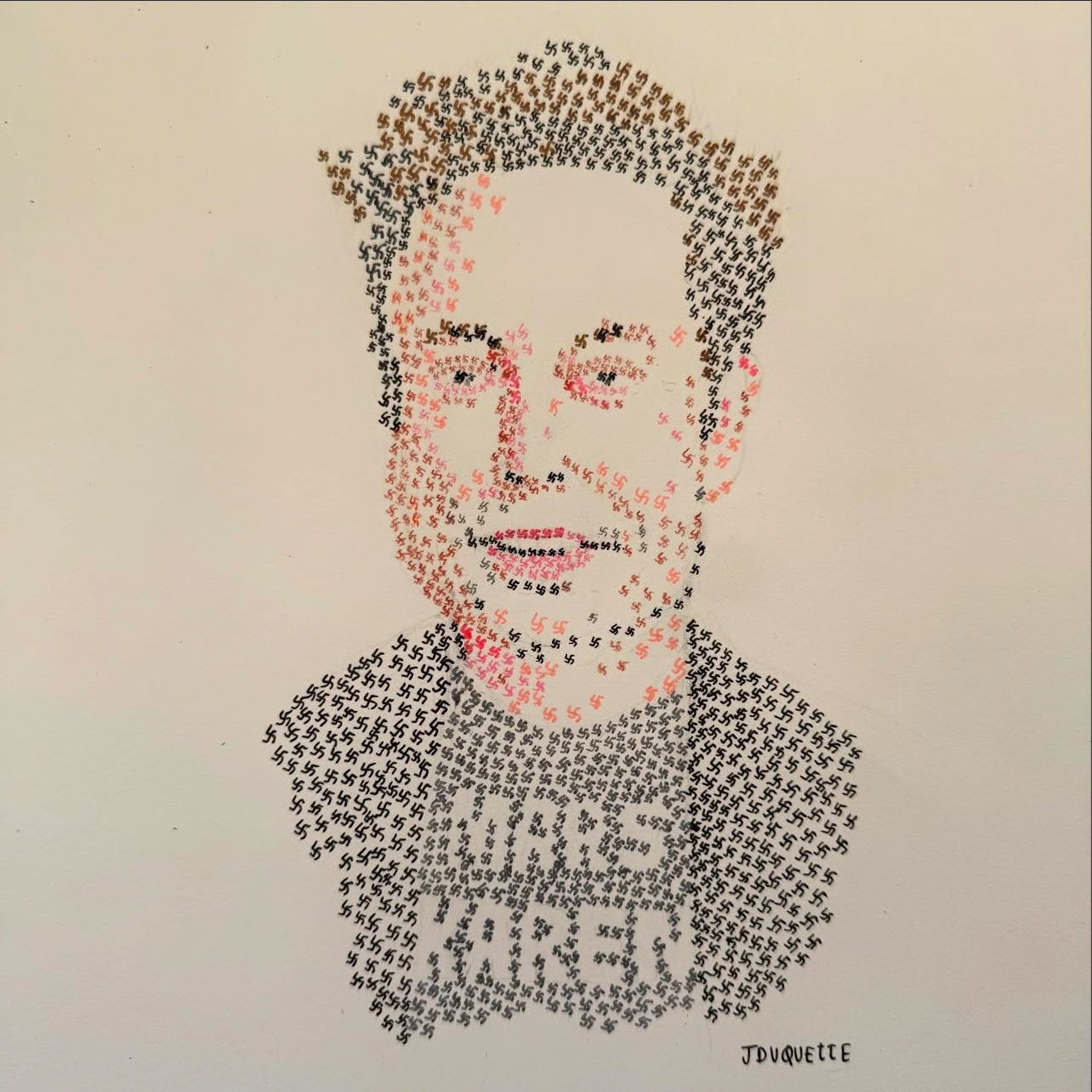 Stencil drawing of Elon Musk (showing head and upper torso without the shoulders) wearing a shirt with the phrase ”Mars Karen“. The drawing is made up completely of swastikas. This is a reference to Elon Musk openly supporting the AfD party in Germany in the current election. This right-wing party is the spiritual and in many aspects practical successor to the Nazi party. 