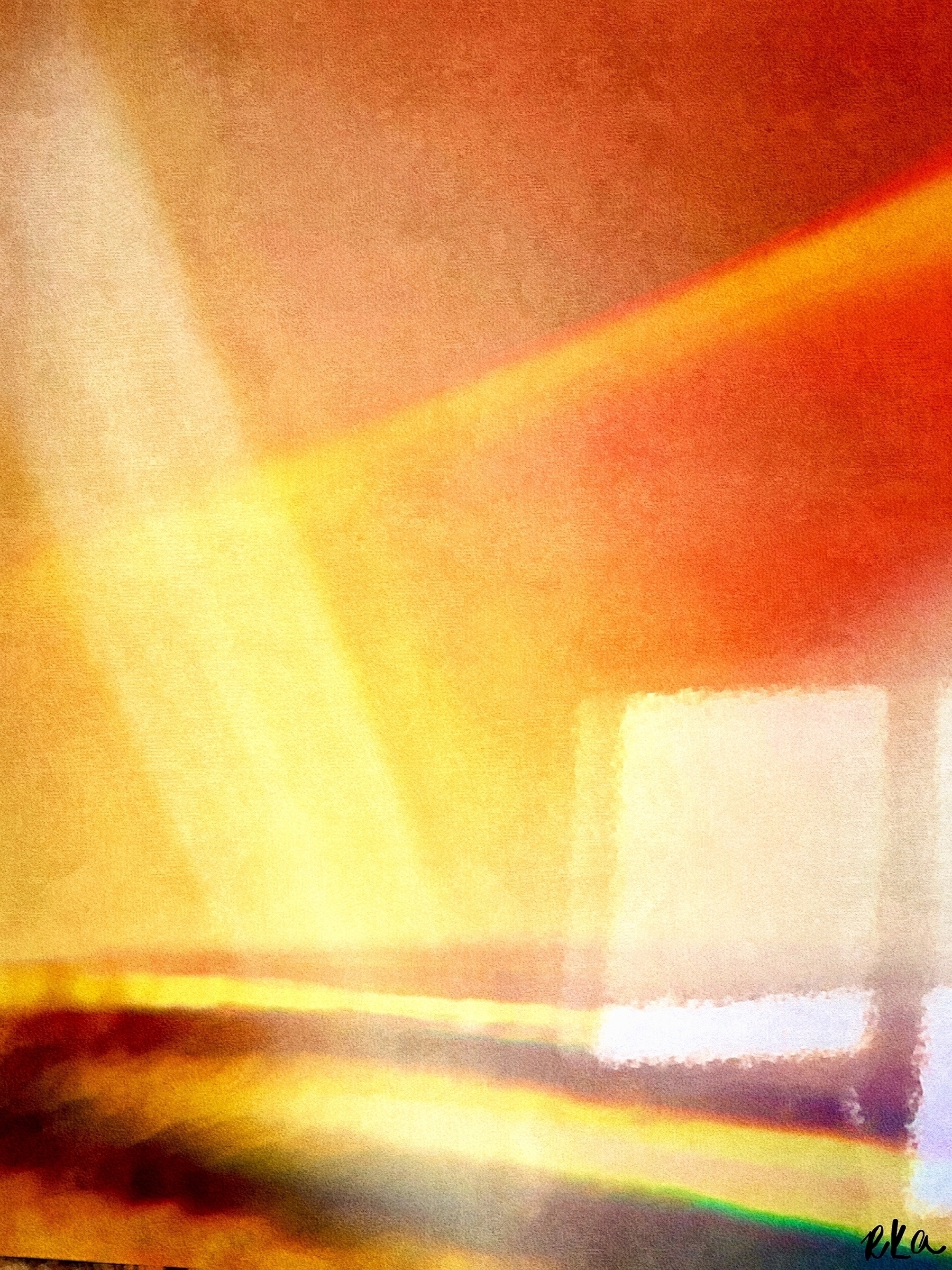 Abstract representation of the view from a train window, accentuating the reds and orange hues of the sunlight