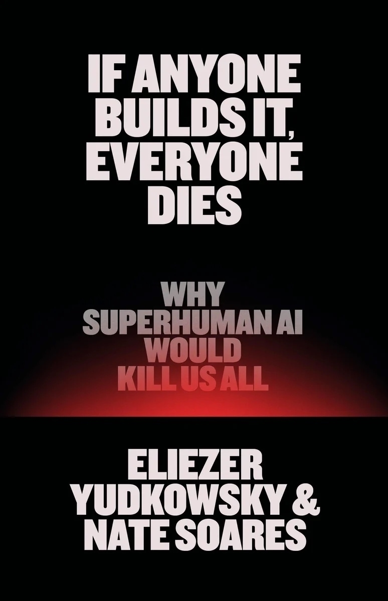 Text with a gradient background warns about the dangers of superhuman AI, featuring the names Eliezer Yudkowsky and Nate Soares.