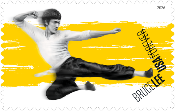 A postage stamp features a dynamic illustration of martial artist, Bruce Lee, performing a flying kick against a yellow brushstroke background, with the text Bruce Lee USA Forever on the side.