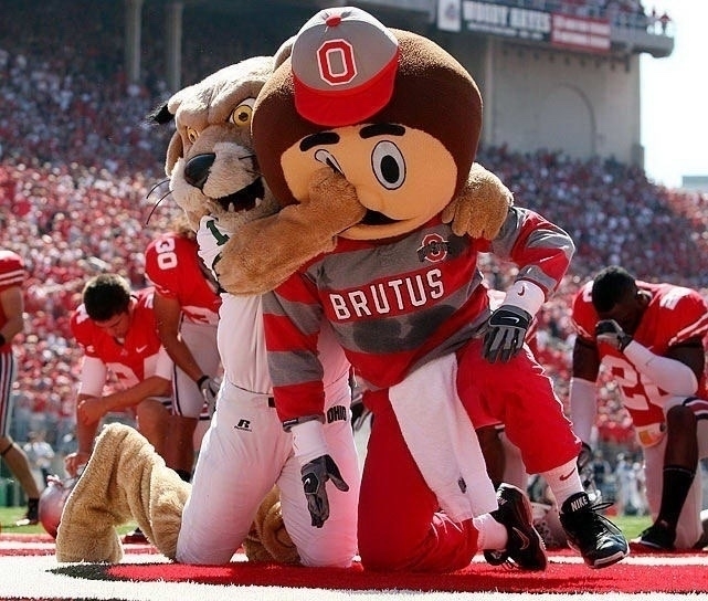 Ohio University Mascot Rufus punching the gobucks mascot in the face in front of players performatively praying.