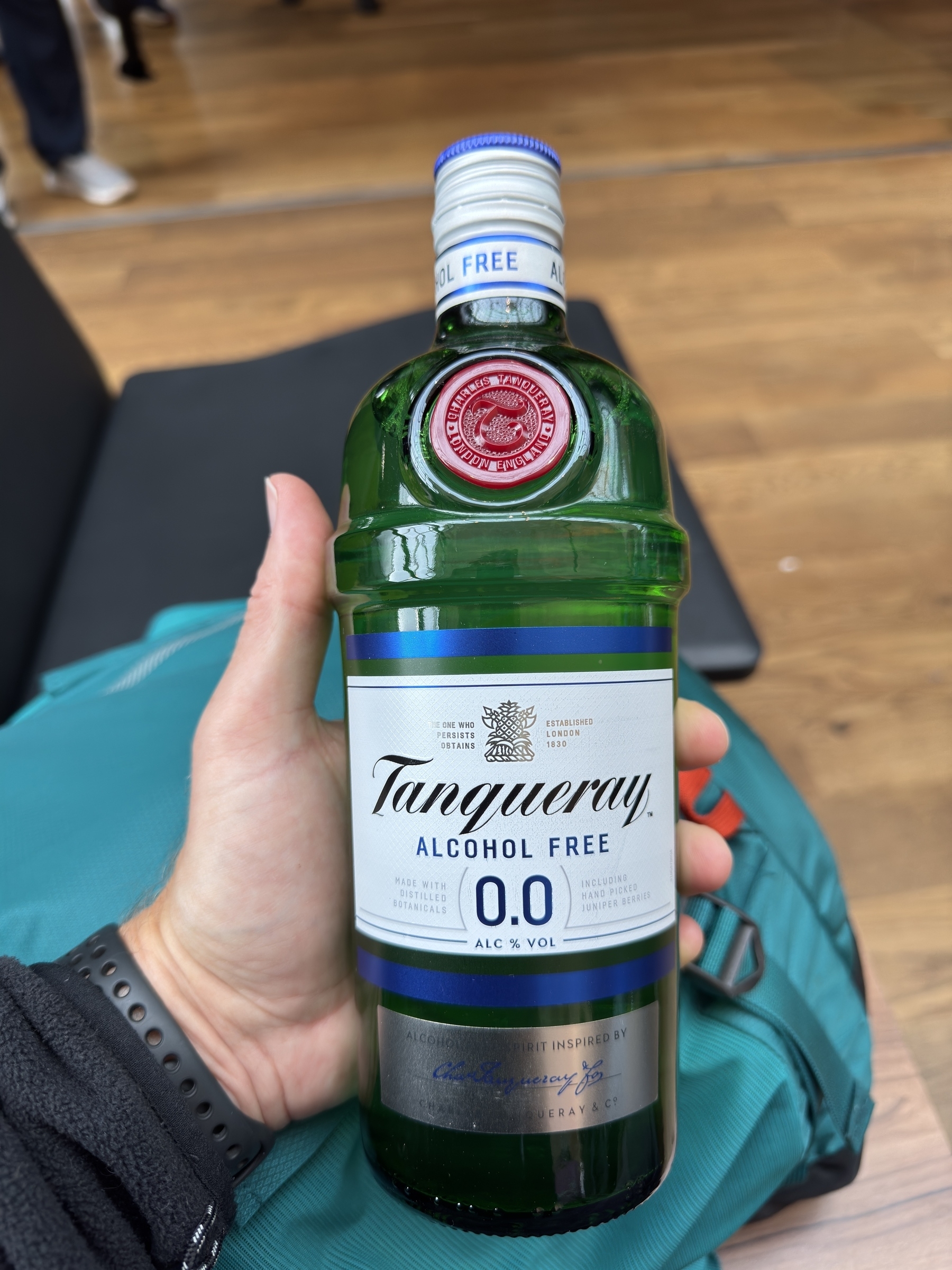 A bottle of Tanqueray 0.0 alcohol free gin.