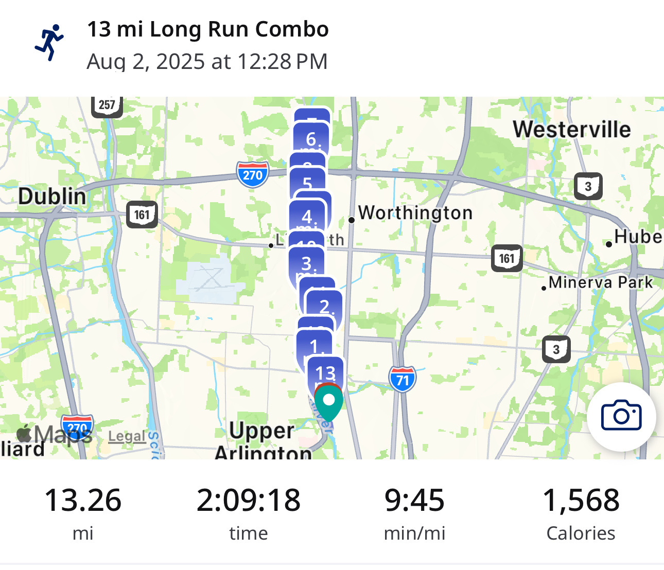 Screenshot of my 13.26 mile run from Runkeeper. I averaged a 9:45 min/mile pace. 