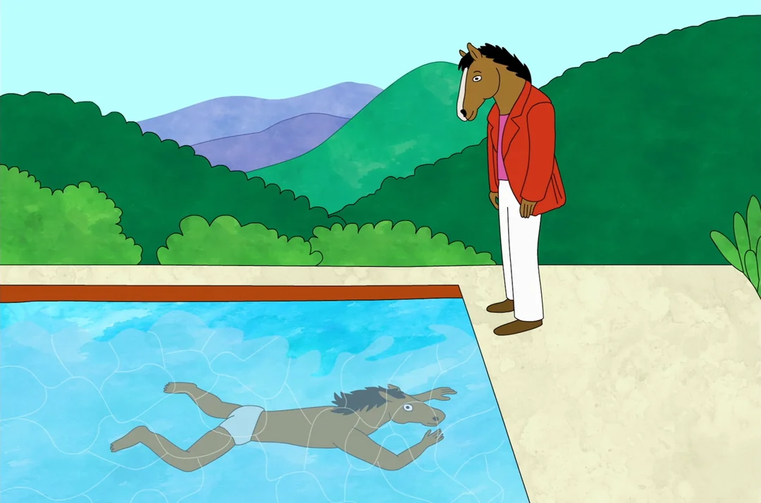 A version of David Hockney’s painting Portrait of an Artist (Pool with Two Figures) with horses instead of people. From the TV show Bojack Horseman.