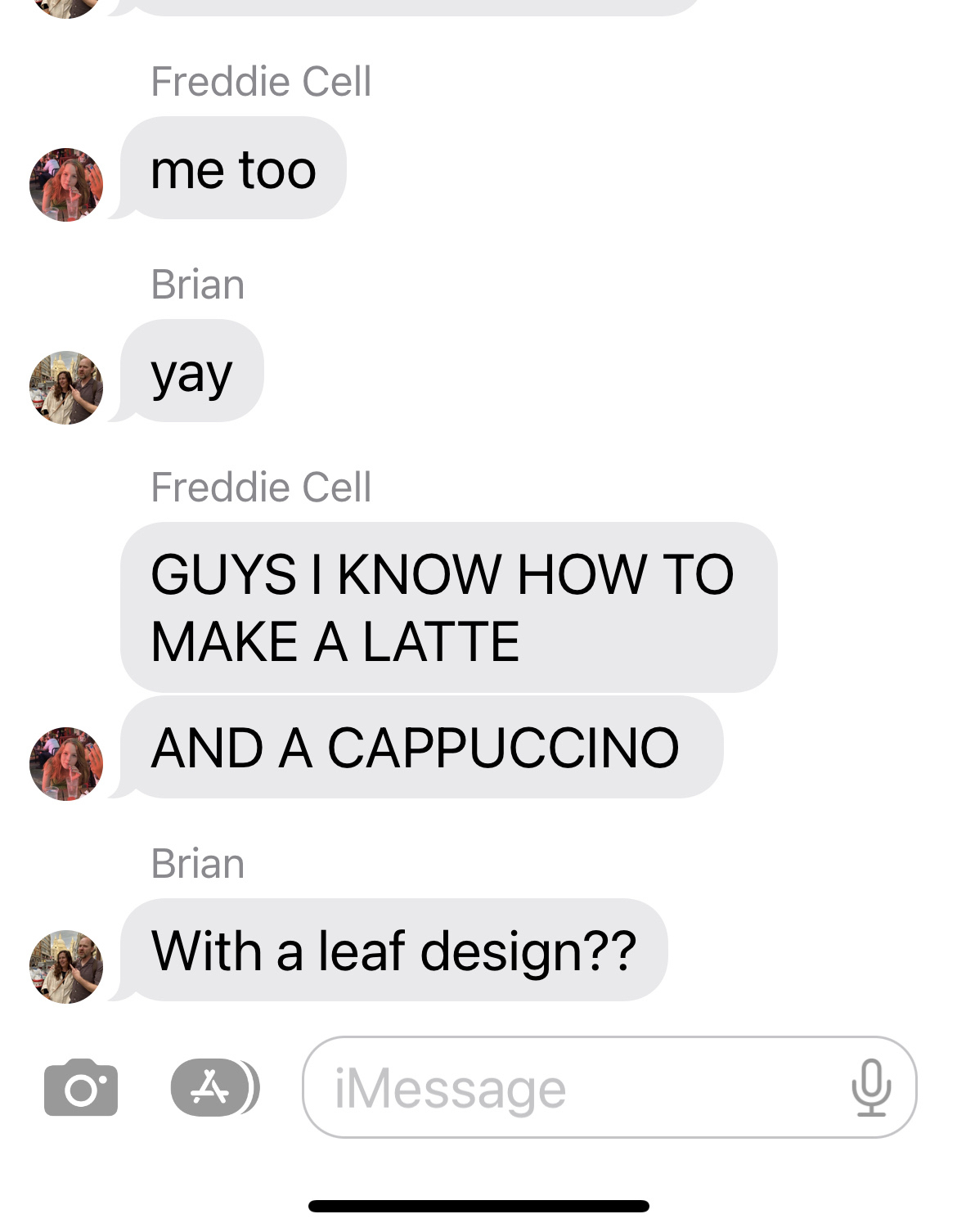 Our family chat includes Freddie’s announcement in all caps: GUYS I CAN MAKE A LATTE