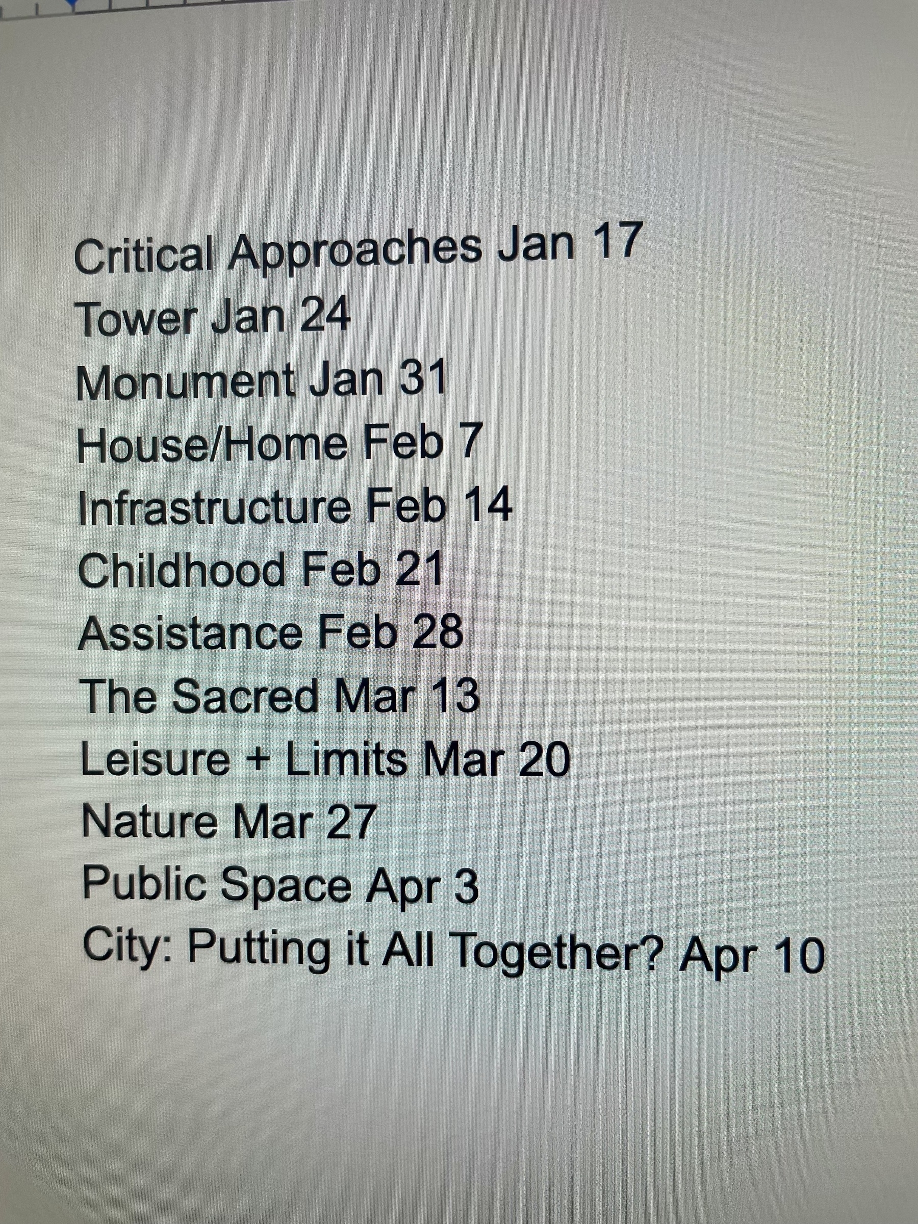 A list of topics for study includes: Tower, Monument, House/Home, Infrastructure, Childhood, Assistance, and more 