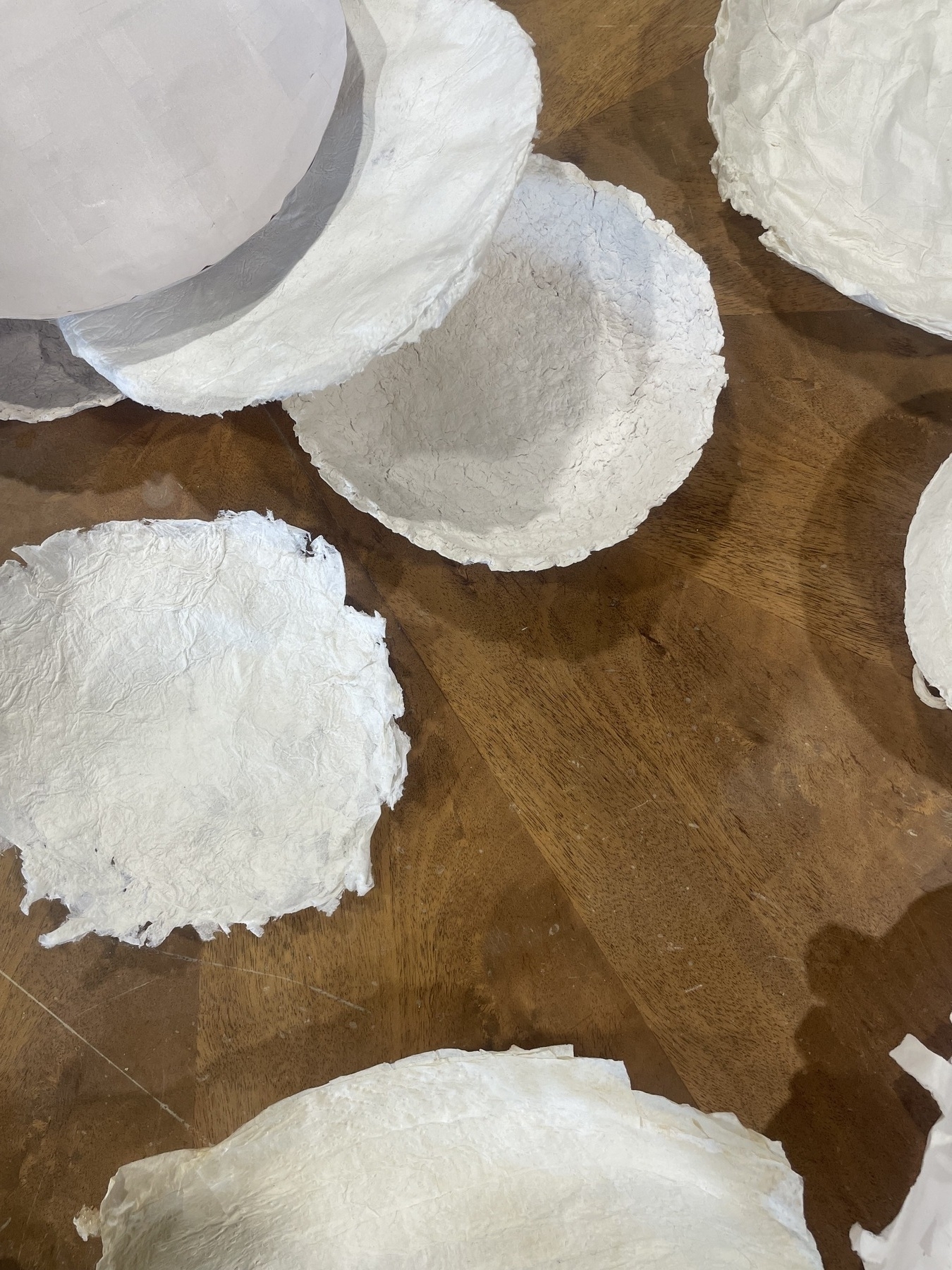 Several papier mache white plates arrayed on a wooden table 