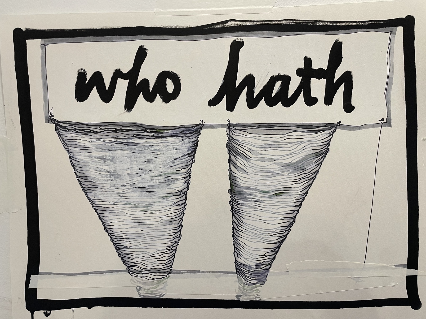 a black and white drawing of two funnel shapes holding up a banner that reads, in cursive, “who hath”