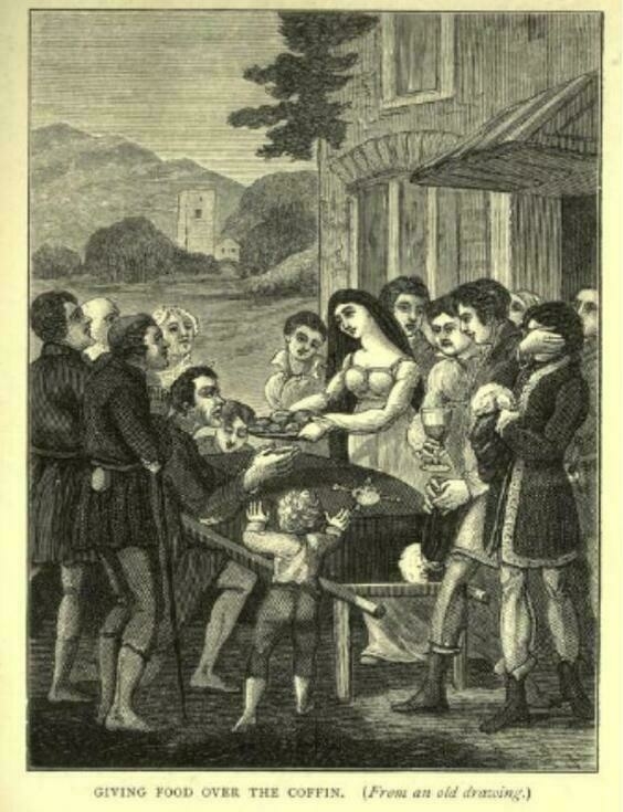 A 19th century engraving of a family handing out food to neighbors over the boxed coffin between them.