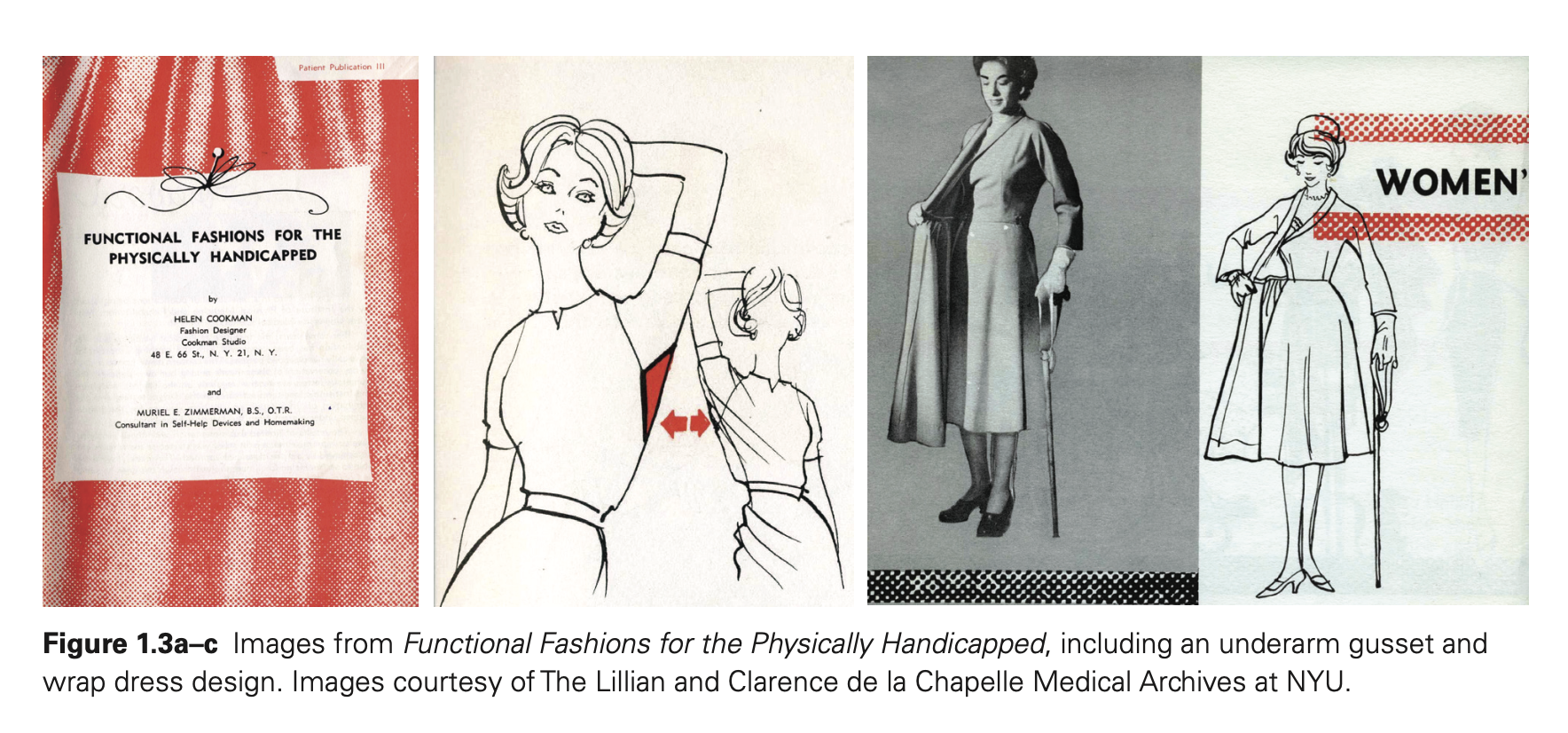 Four images from a dress pattern in the 1960s, part of "Functional Fashion for the Handicapped," here featuring a wrap dress for a woman using a cane.