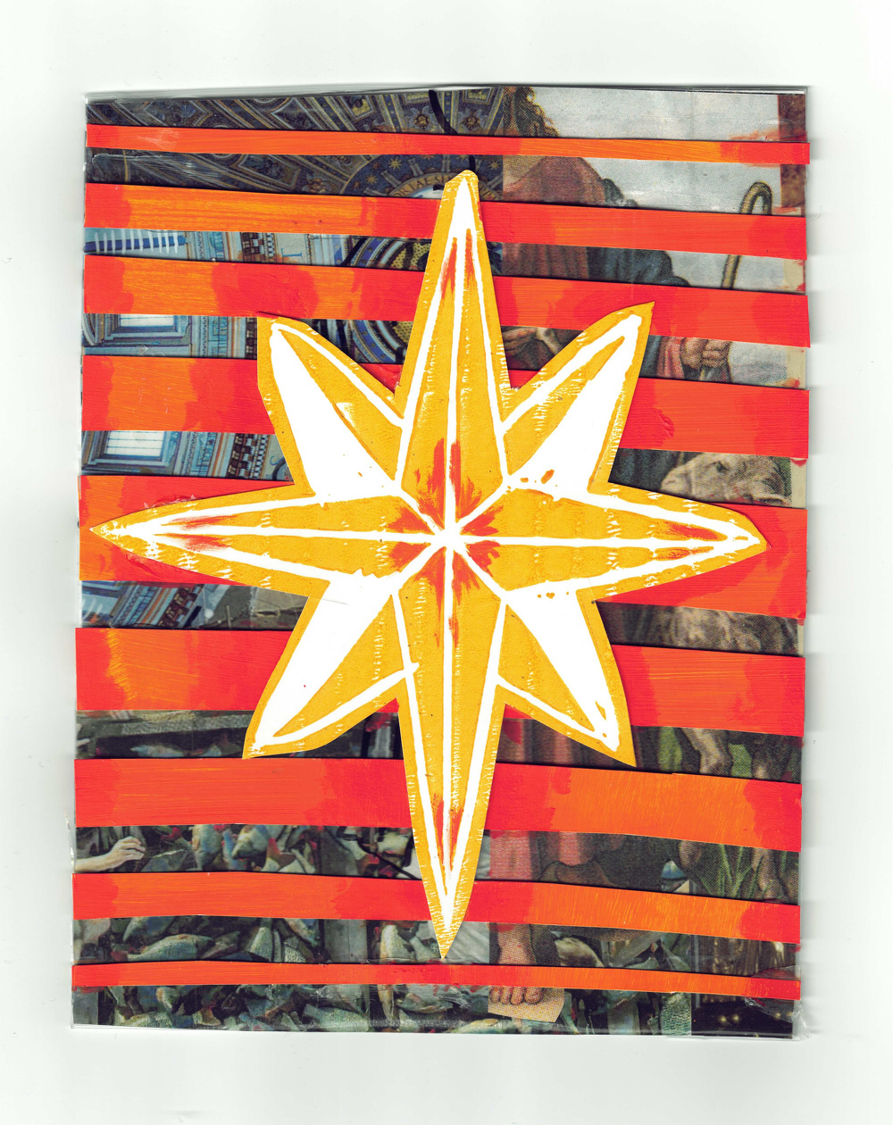 In a collage structure, a background image of an ornate cathedral ceiling is overlaid with painted horizontal red stripes and a large gold and red star in the center.