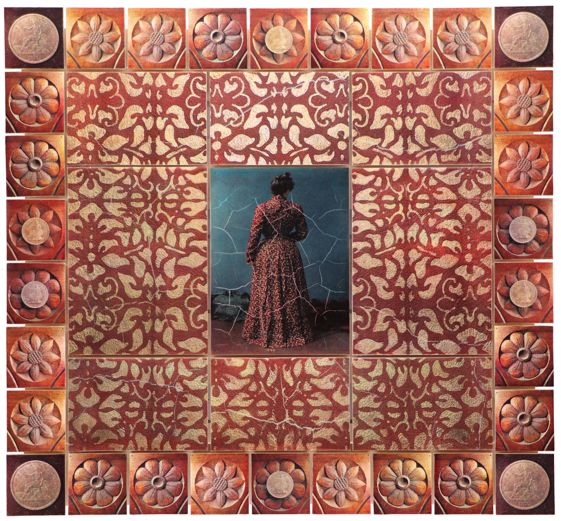 In four paintings, richly colored wallpaper patterns line all four sides of each: florals, heraldry, simplified waves of water and fish. At the center of each image is a small full-length figure, turned mostly away from the viewer, in clothing from the late nineteenth or early twentieth centuries. A man walks a country lane; a man with binoculars looks out in the distance; a man sits in a chair while a figure in royal robe and crown stands upright next to him.