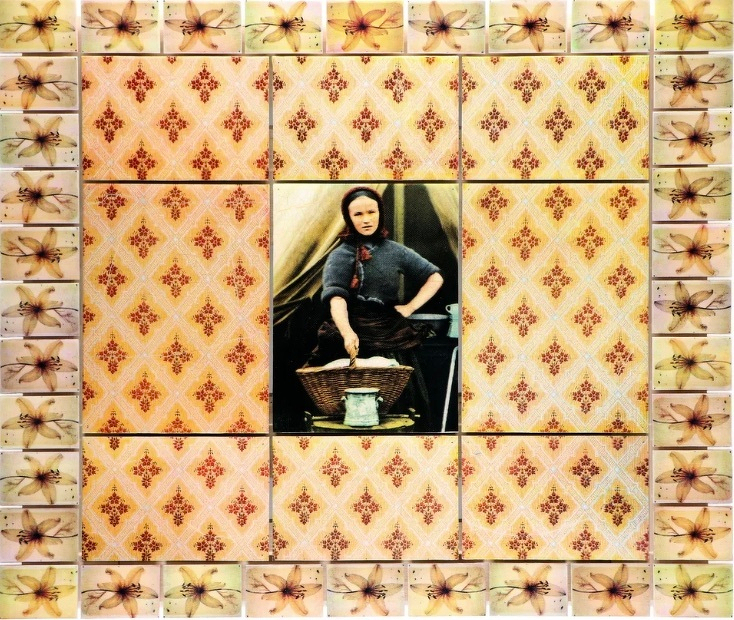 A richly patterned oyster and red canvas, like a wallpaper pattern, surrounds a center panel of a peasant woman in a head kerchief, sitting at a laundry basket.