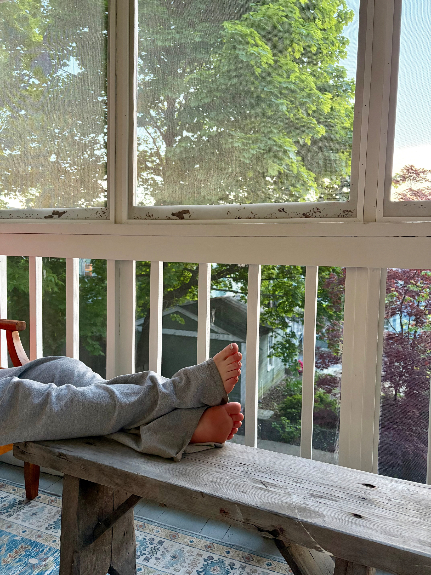 The view from our screened-in high back porch, with my daughter’s feet propped on a bench. We sit along the treetops here. 